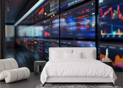 Multiple screens showing live global market exchange rates, 4K realistic, newsroom Wall mural