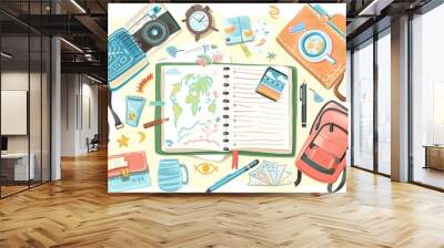 notebook flat design top view travel theme cartoon drawing colored pastel Wall mural