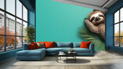 Sleepy cartoon sloth flat design side view rainforest theme 3D render split-complementary color scheme Wall mural