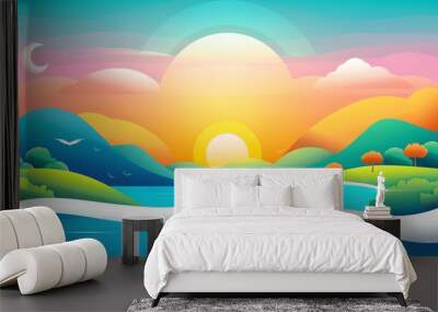 Sunny sky landscape flat design top view summer theme water color vivid Wall mural