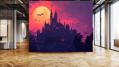 Vampire in a castle, bats flying, flat design illustration Wall mural