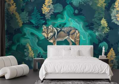 Wolf flat design top view, forest theme, water color, Tetradic color scheme Wall mural