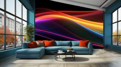 Wavy glowing colourful neon lines on a black banner background Wall mural