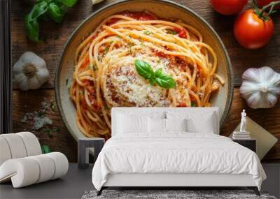 A delicious plate of spaghetti pasta topped with tomato sauce, parmesan cheese, and fresh basil, surrounded by ingredients on a wooden table. Wall mural