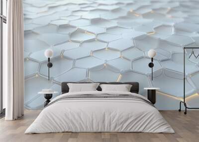 Abstract white 3D hexagonal pattern background with glowing edges, creating a futuristic and modern aesthetic. Ideal for tech designs. Wall mural