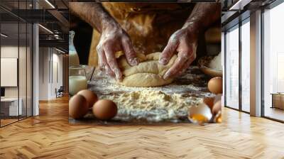 Close-up of hands kneading dough surrounded by ingredients like eggs, flour, and milk, set on a rustic wooden table, capturing the art of baking. Wall mural