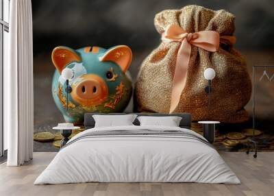 Cute piggy bank with a rustic coin bag and scattered coins, representing savings and financial growth in a charming, vintage style Wall mural