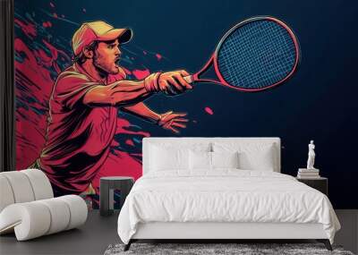 Dynamic illustration of a tennis player in action, swinging a racket. Vibrant colors and movement emphasize athleticism and energy. Wall mural