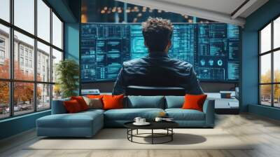 Man analyzing data on multiple computer screens in a high-tech control room, focusing intently on cybersecurity and data analysis. Wall mural