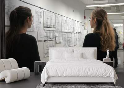 Two people analyzing architectural blueprints on a wall in a bright hallway, engaging in a design and planning discussion. Wall mural