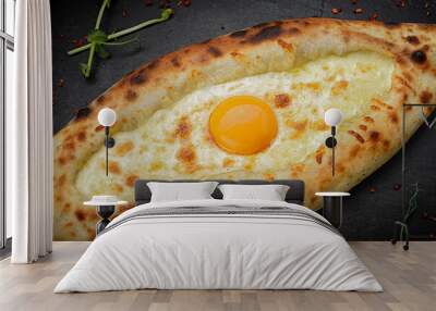 baked khachapuri with egg and cheese, up close Wall mural