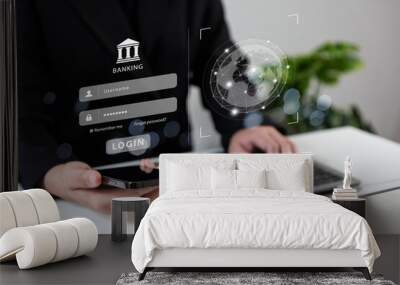 Businessman using laptop connecting to virtual bank or online banking concept, log in cyber security, financial ecosystem, password, data protection, secure internet access, cyberspace, global. Wall mural