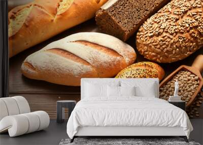 Different kinds of bread with nutrition whole grains on wooden table Wall mural