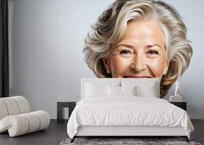 Beautiful gorgeous 60s elderly  model woman with grey hair laughing and smiling. . Healthy face skin care beauty, skincare cosmetics, dental,  Wall mural