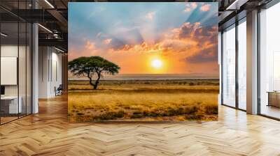 single acacia tree in the savannah at sunset, solitude in the wild, dry grass in the foreground Wall mural