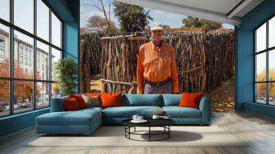 village african old man outdoors in the yard, standing in front of outdoors kitchen Wall mural