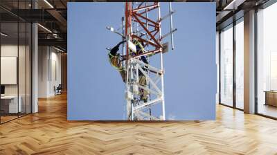 workers repairing multifunctional telecommunications antenna. Wall mural