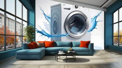 A modern front-loading washing machine with a transparent glass door, showing the spinning drum inside, surrounded by water splashes, indicating its washing function Wall mural