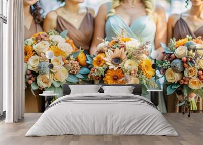 Bridesmaids holding vibrant autumn bouquets, celebrating friendship and love.. Wall mural