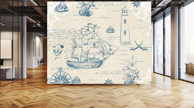 Vector abstract seamless background on the theme of travel, adventure and discovery. Old hand drawn map with vintage sailing yachts, wind rose, routs, nautical symbols and handwritten inscriptions Wall mural