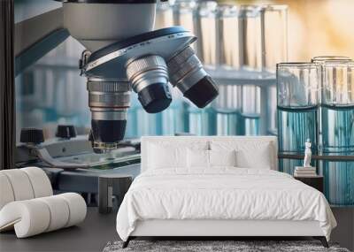 analyze biochemical samples in advanced scientific laboratory. Medical professional use microscope look microbiological developmental of viral. Biotechnology research in science lab. Wall mural