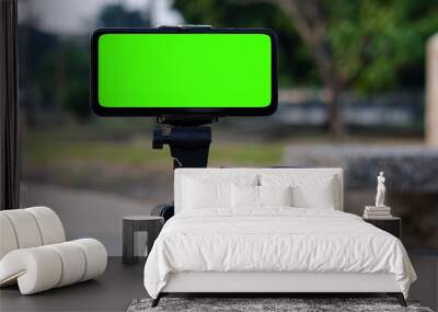 Blank green screen mobile smartphone taking live photo or video on tripod on blurred nature background in social technology concept.  Mockup design Wall mural