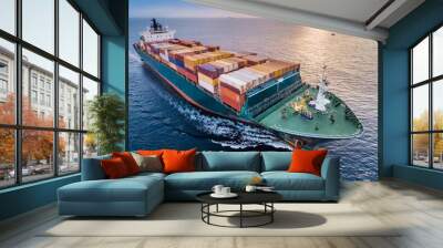 Front of Cargo container ship carrying container and running in international container port customs shipyard sea port concept smart logistic service. Container Ship underway to the sea Wall mural