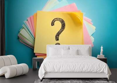 Symbol of Questions, many quiestion marks, search answer online, FAQ concept, what where when how and why on stacks of sticky note in isolated background. Start with Why Business Motivation Concept Wall mural