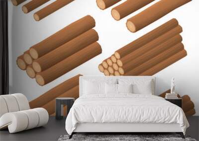 Wooden logs in the isometric. Brown bark of felled dry wood. Wall mural