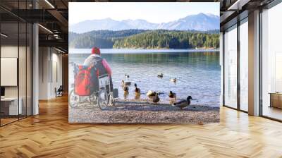 Disabled handicapped woman sitting on wheelchair and feeding bread for mallard duck on beautiful scene nature of mountain and lake with forest wood.Disabled person,Travel,Family,Vacation Concept. Wall mural