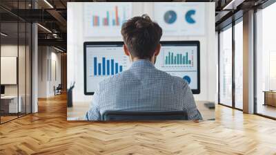 A man is sitting at a desk with two computer monitors in front of him Wall mural