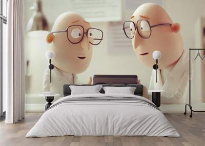 3D animation, illustration of two bald head doctor in glasses talking in a modern room. Generative AI. Wall mural