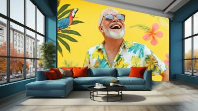 A cheerful elderly man with white hair and a beard wears vibrant sunglasses and a colorful Hawaiian shirt, smiling joyfully against a bright yellow background. Wall mural