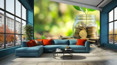 Close-up of coins in the glass bottle with plant symbolizing financial freedom. Wall mural