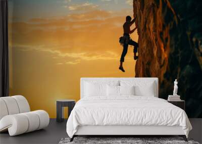 Silhouette of a rock climber hanging his body on the cliff against the evening light and island background. Generative AI. Wall mural