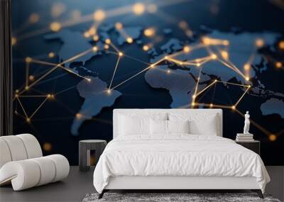 A digital representation of global communication networks, showcasing interconnected nodes and data flow, symbolizing worldwide connectivity and information exchange Wall mural