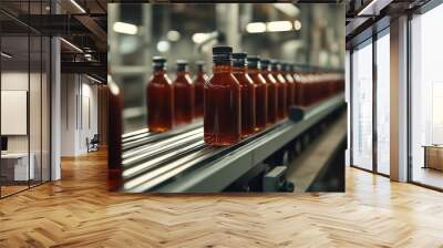 A state-of-the-art factory conveyor belt producing bottles of fish sauce with a strong, rich flavor Wall mural