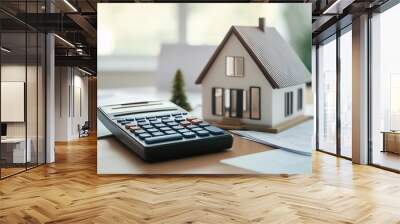 Calculating the Dream: A miniature house rests beside a calculator and paperwork, symbolizing the financial planning involved in homeownership.  Wall mural