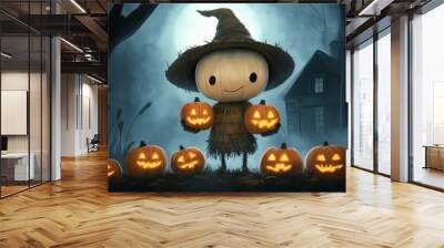 Cheerful Scarecrow with Jack-o'-Lanterns for Halloween Wall mural