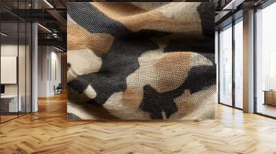 Desert Camo Fabric Texture: Close-up on a rugged, earthy-toned camouflage fabric, ideal for showcasing military, hunting, or outdoor themes.   Wall mural