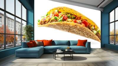 Floating taco on air, isolated on white background close up, focus on, copy space bright and vibrant colors Double exposure silhouette with bustling market Wall mural