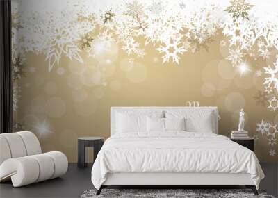 Christmas golden vector background illustration with snowflakes and Merry Christmas text Wall mural