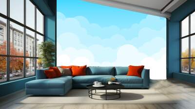 Cartoon cloudy sky on a sunny day, a view above cloud formation. Vector illustration. Wall mural