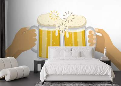 Hands of two people clinking beer glasses in flat design Wall mural