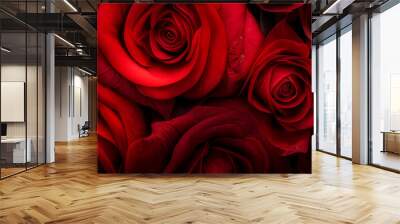 Banner full of multiple red roses, top view. Red roses panoramic background. Fresh dark red rose close up texture for St. Valentine's Day or Sant Jordi. Rose blossom. Generative AI. Wall mural