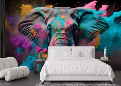 Holi elephant banner. Traditional celebration of Holi Festival in India, with an elephant playfully covered in multicolored powders, symbolizing spirit of joy and unity of the event. Generative AI. Wall mural