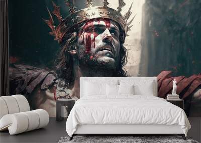 Jesus Christ bleeding with crown of thorns on his head during his crucifixion. Religious spiritual illustration capturing the essence of Christian spirituality, faith, and devotion. Generative AI. Wall mural