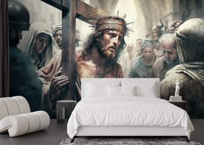 Jesus Christ with wooden cross and crown of thorns. Capturing the essence of Christian spirituality, faith, and devotion. Religious world, Christianity, Holy Savior's, Holy week. Generative AI. Wall mural