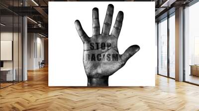 Stop racism. Open palm of a black man with spread fingers asking for stop racism. Hand with a powerful anti-racism concept. Wall mural