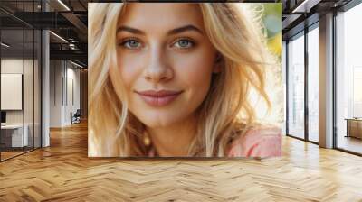 A blonde woman with blue eyes and a pink shirt. She has a smile on her face. Concept of happiness and positivity Wall mural